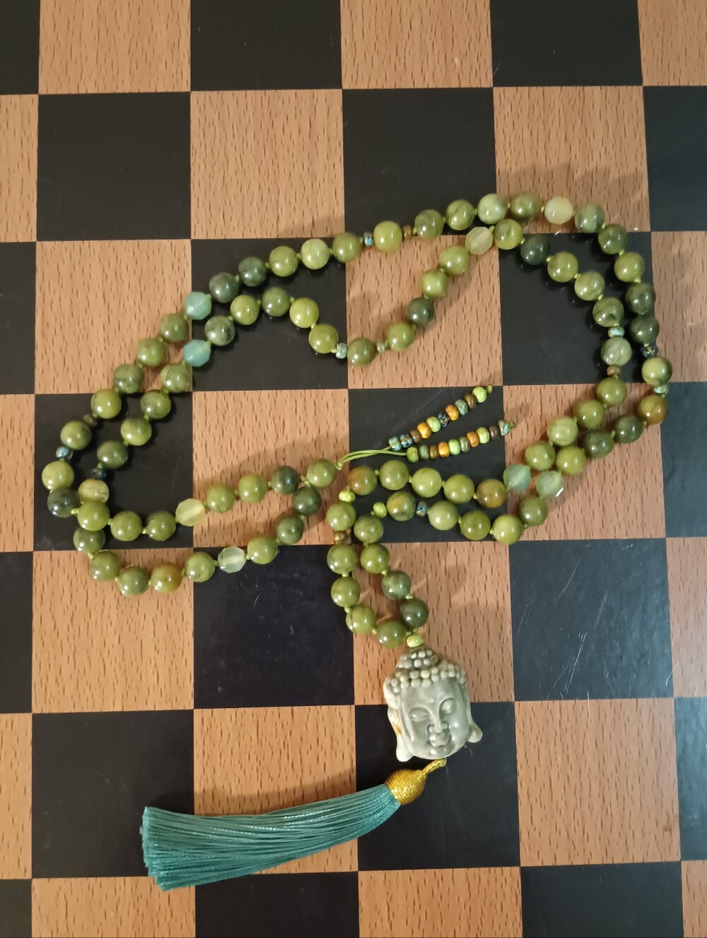 Handmade Jade Beaded Necklace with Carved Jade Buddha Head Pendant & Tassel